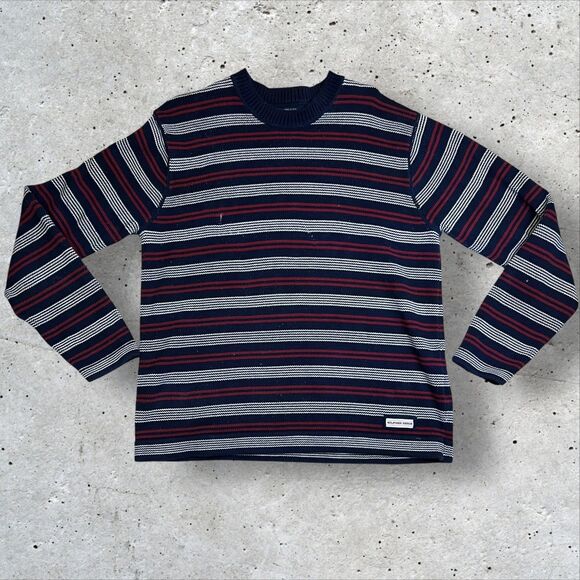 Vintage 90s Tommy Hilfiger Striped Knit Sweater Pullover Red White Navy Crewneck - Picture 1 of 13